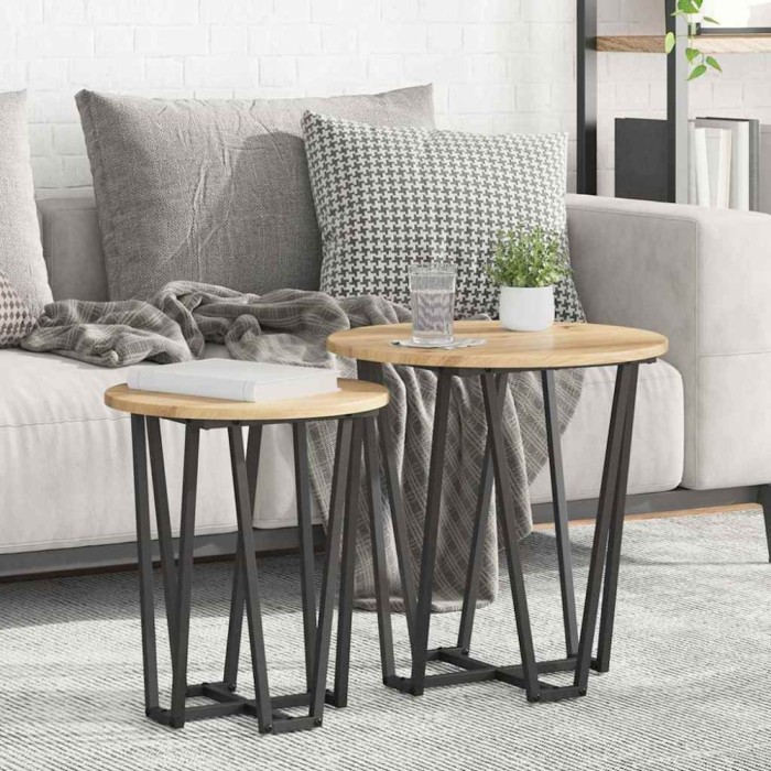 Set 2 mese laterale, stejar rustic, lemn prelucrat și metal