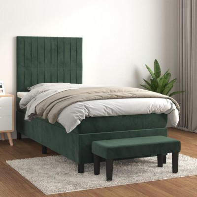 vidaXL Pat box spring cu saltea, verde &amp;icirc;nchis, 90x190 cm, catifea foto