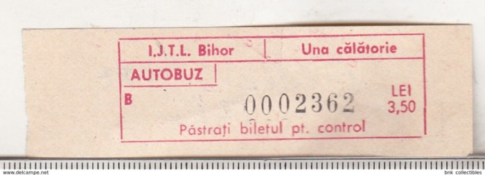 bnk div Romania IJTL Bihor - bilet de calatorie - autobuz - 1 calatorie 3.50 lei - 1987