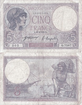 1921 (26 IV), 5 francs (P-72b.2) - Franța foto