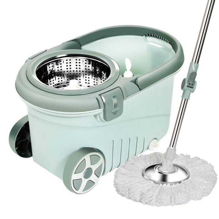 Set mop rotativ cu galeata flippy, material plastic si microfibra, o rezerva inclusa, rezistent, cu dop scurgere, vas detasabil, orificiu pentru solut
