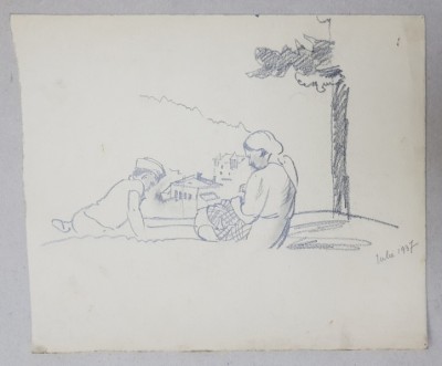LUCRETIA MIHAIL SILION , MAMA CU FIUL LA MARGINEA ORASULUI , DESEN , 1937 foto