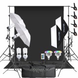 Cumpara ieftin Kit studio foto video cu fundal negru, 2 softboxuri, 2 umbrele, 2 becuri fluorescente 45W 5500K si 2 LED RGB 45W, stative 200 cm si genti transport