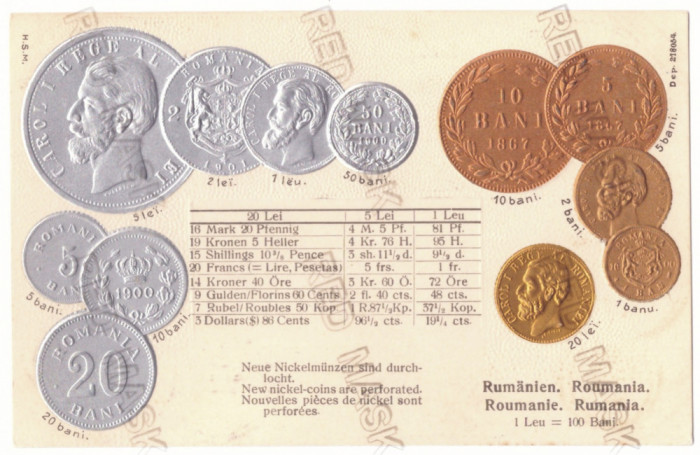 818 - COINS, King CAROL I, Royalty, Regale, Romania - old postcard - unused