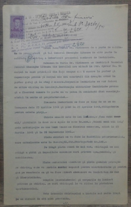 Contract de inchiriere/ General Gheorghe Liteanu, 1941, Bucuresti