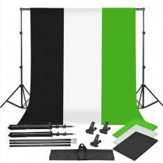 Suport foto studio,reglabil 2x2m,clesti inclusi + 3 panze fundal din bumbac,multicolore