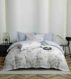 Cumpara ieftin Lenjerie de lux pentru pat dublu,bumbac finet,6 piese,cearceaf cu elastic,alba bleu,imprimeu cu floricele gri-A1014, Jojo Home