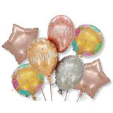 Baloane pentru aniversare, flippy, tematica happy birthday, set 7 baloane, 3 in1 balon 86 x 110 cm, 2 stele, 2 rotunde, din folie de aluminiu, pai de