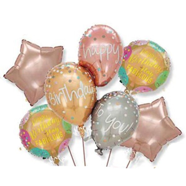 Baloane pentru aniversare, flippy, tematica happy birthday, set 7 baloane, 3 in1 balon 86 x 110 cm, 2 stele, 2 rotunde, din folie de aluminiu, pai de