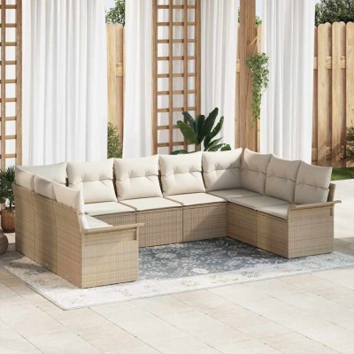 vidaXL Set de canapele pentru grădină cu pernă 9 pcs Bej Rattan poli 3345521 foto