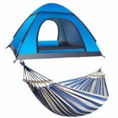 Set Mercaton, Cort Automat 3-4 Persoane 200x200x135 cm, Impermeabil, Protectie UV, Albastru si Hamac cu Suport Lemn, Anti-Incalc