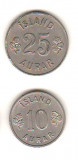 SV * Islanda LOT 10 + 25 AURAR 1962 AUNC+ cu luciu monetarie, Europa, Nichel