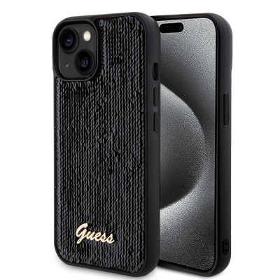 Husa originala Guess iPhone 15 Sequin Script Metal, negru, GUHCP15SPSFDGSK foto