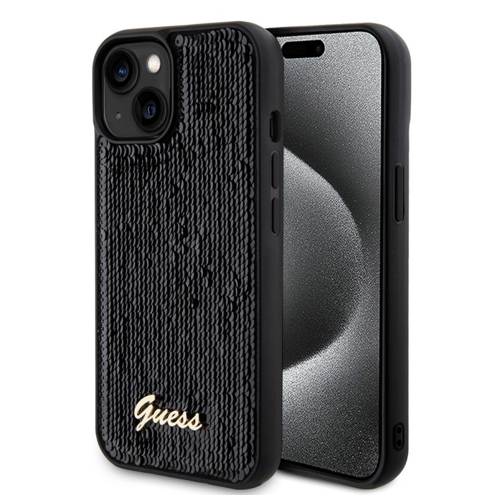 Husa originala Guess iPhone 15 Sequin Script Metal, negru, GUHCP15SPSFDGSK