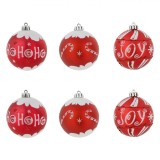 Set Globuri Crăciun, Model &quot;Ho Ho Ho&quot; și &quot;Joy&quot;, Plastic, Roșu și Alb, 8cm, 6 Bucăți, Oem