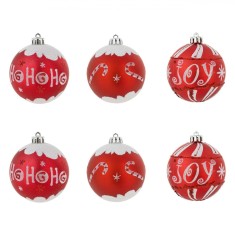 Set Globuri Crăciun, Model &quot;Ho Ho Ho&quot; și &quot;Joy&quot;, Plastic, Roșu și Alb, 8cm, 6 Bucăți