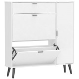 HOMCOM Pantofar &icirc;ngust cu 2 compartimente rabatabile, dulap pentru &icirc;ncălțăminte cu uși din piele lychee și rafturi reglabile, Alb | Aosom Romania