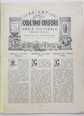 CELE TREI CRISURI - ANALE CULTURALE , NUMAR SPECIAL , ANUL VIII , SEPT . - OCT. 1927 , LIPSA COPERTA FATA * foto