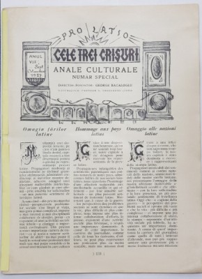CELE TREI CRISURI - ANALE CULTURALE , NUMAR SPECIAL , ANUL VIII , SEPT . - OCT. 1927 , LIPSA COPERTA FATA * foto
