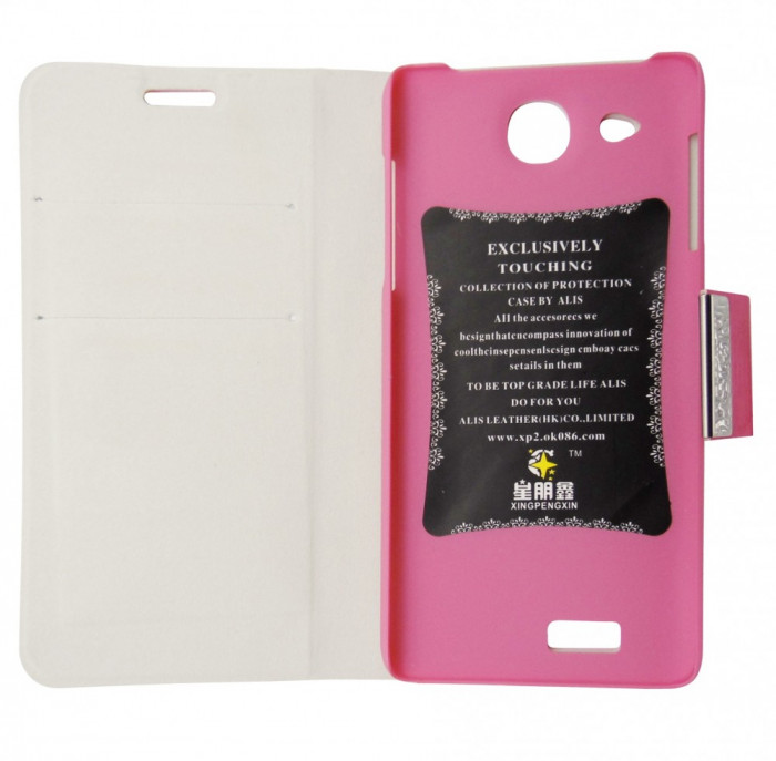 Husa tip carte cu stand roz trandafiriu pentru Alcatel One Touch Idol Ultra 6033X