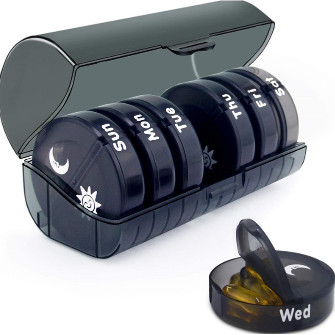 Cutie depozitare medicamente, flippy, 7 zile, 14 compartimente, cutie suport, recipiente detasabile, portabila, negru, 17.5x11x9.5 cm