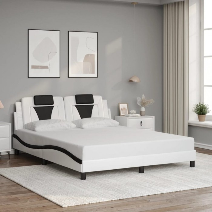 vidaXL Cadru de pat cu tăblie, alb/negru, 160x200 cm, piele ecologică 3208109