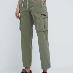 Napapijri pantaloni de bumbac culoarea verde, drept, high waist