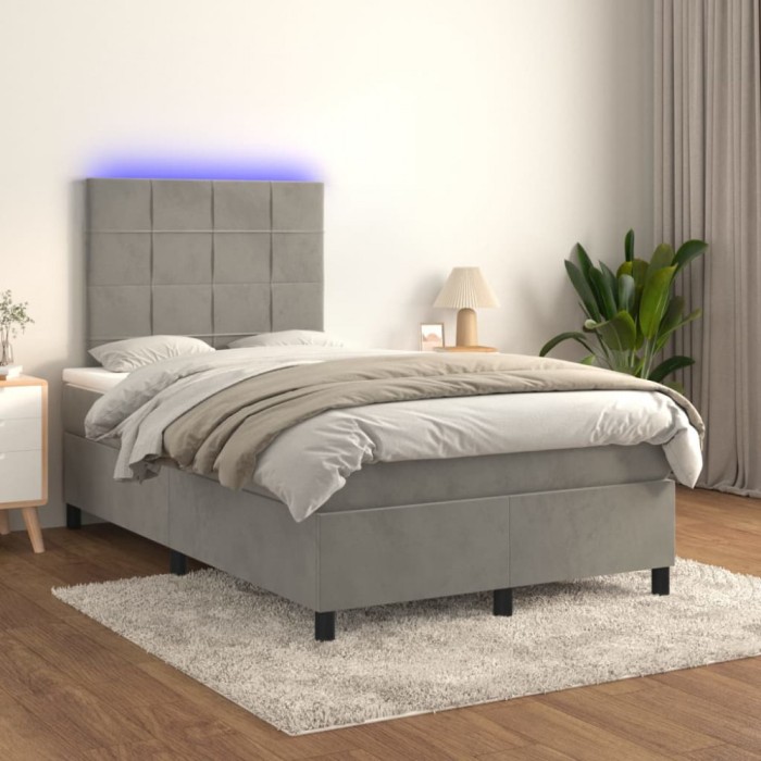 vidaXL Pat cu arcuri, saltea și LED, gri deschis, 120x200 cm, catifea 3136113