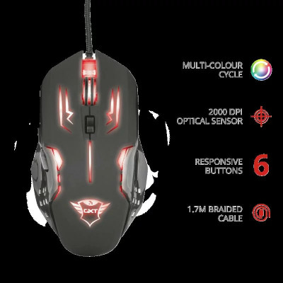 MOUSE TRUST &amp;amp;quot;GXT 108 Rava&amp;amp;quot; gaming cu fir optic USB 2000 dpi 6/1 iluminare buton selectare viteza negru &amp;amp;quot;TR-22090&amp;amp;quot; (include TV 0.15 foto