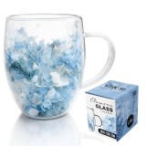 Cana 300 ml din sticla borosilicata, pereti dubli, model flori albastre, in cutie cadou, JollyMag, SZK206