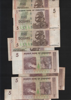 Zimbabwe 5 dollars 2007 pret pe bucata F-VF foto