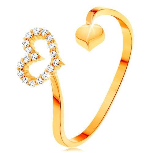 Inel din aur 585 - brațe curbate terminate &icirc;ntr-un contur de inimă și o inimă plină - Marime inel: 60