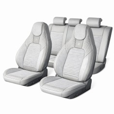Set huse scaune auto Premium, model BLAZE Luxor, design Sportiv, universale, ergonomice, Piele Ecologica cu insertii textile, culoare Crem/Gri