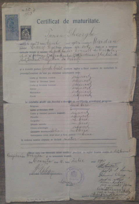 Certificat de maturitate// Oravita 1923