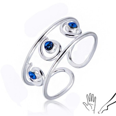 Inel din argint pentru m&amp;acirc;nă sau picior, trei ştrasuri albastre, &amp;icirc;n spirale foto