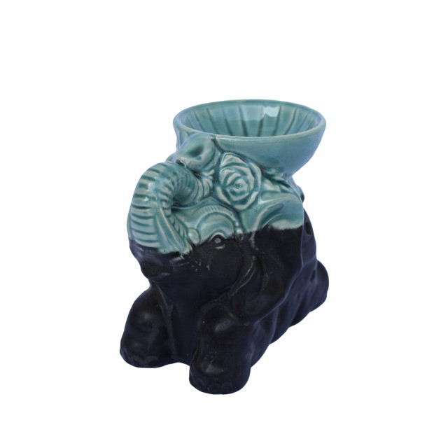 Vas din ceramica pentru aromaterapie Pufo Feng Shui, model elefant, 12 cm, negru/verde