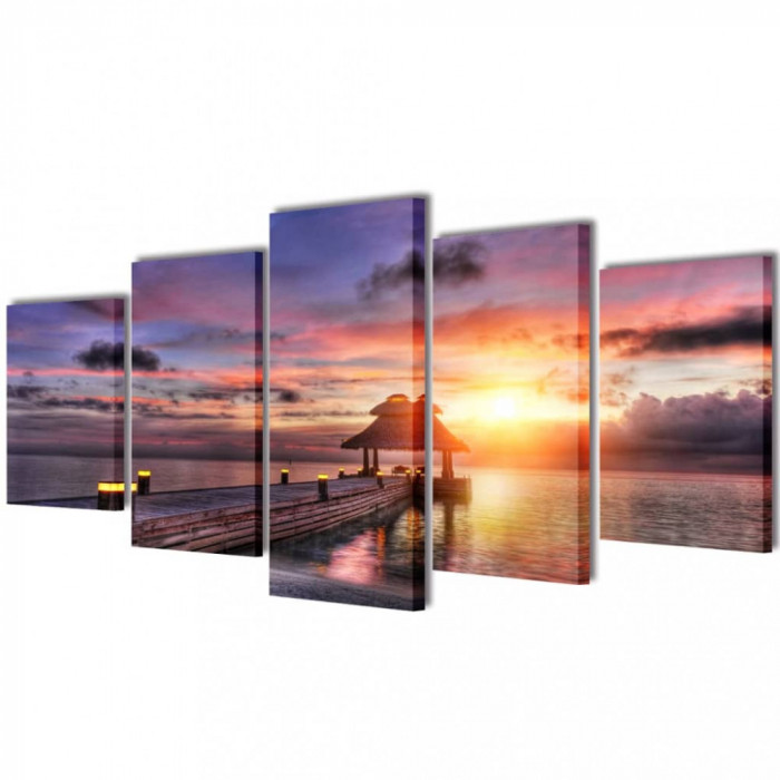 Set tablouri de p&acirc;nză imprimeu plajă cu pavilion, 200 x 100 cm
