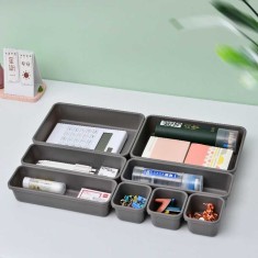 Set 8 cutii depozitare, pentru sertar, cosmetice, ustensile bucatarie, textile, plastic, gri, 23.5 x 16 cm