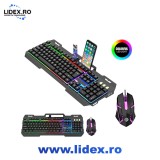 Set Gaming Wacorresi&reg;, Tastatura Mecanica si Mouse, Iluminare RGB, Design Ergonomic, Rezistent la Apa, Negru