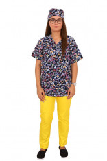 Costum medical Hearts, cu bluza cu imprimeu si pantaloni galbeni cu elastic S INTL foto