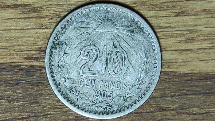Mexic - moneda de colectie rara - 20 centavos 1905 - argint 0.800 - frumoasa !