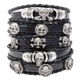Cumpara ieftin Set 5 bratari Skull cu multiple straturi JustZEN pentru barbati din piele naturala neagra inchidere ajustabila