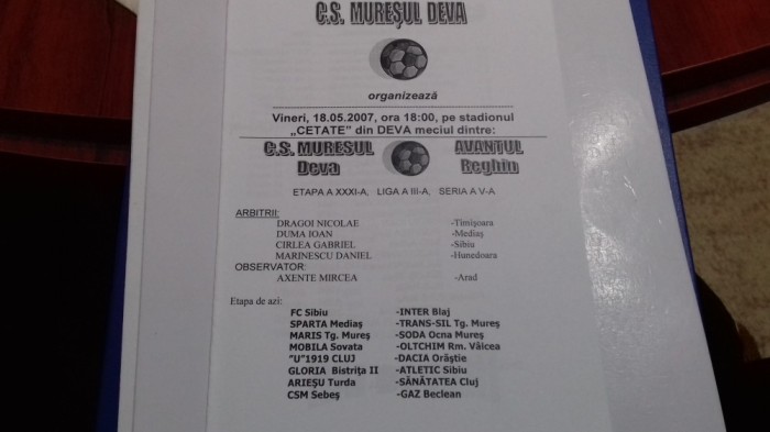 program Muresul Deva - Avantul Reghin