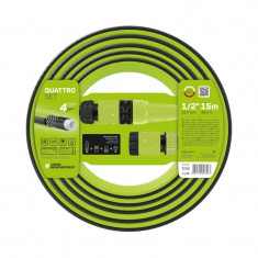 Furtun pentru gradina Cellfast Quattro, 15 m, 20 bar, 1/2 inch, 4 straturi armatura, flexibil, stropitor, conector, protectie UV, Verde