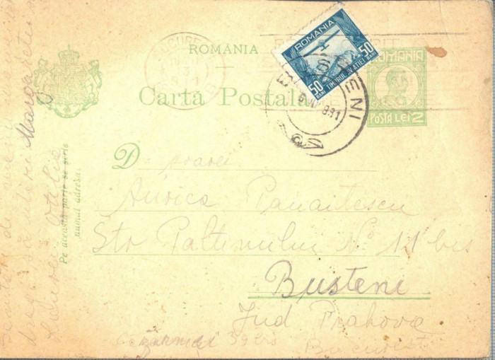 AX 191 CP VECHE-D-REI AURICA PANAITESCU -BUSTENI -DE LA BUCURESTI -CIRC.1931