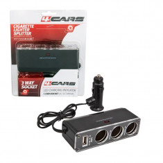 Priza tripla bricheta cu USB si cablu prelungitor 12/24V 4Cars Garage AutoRide foto