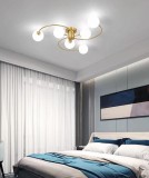 Lustra moderna, 6 brate, globuri albe din sticla, dulie E27, culoare corp auriu, diametru 80CM
