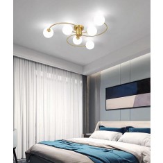 Lustra moderna, 6 brate, globuri albe din sticla, dulie E27, culoare corp auriu, diametru 80CM