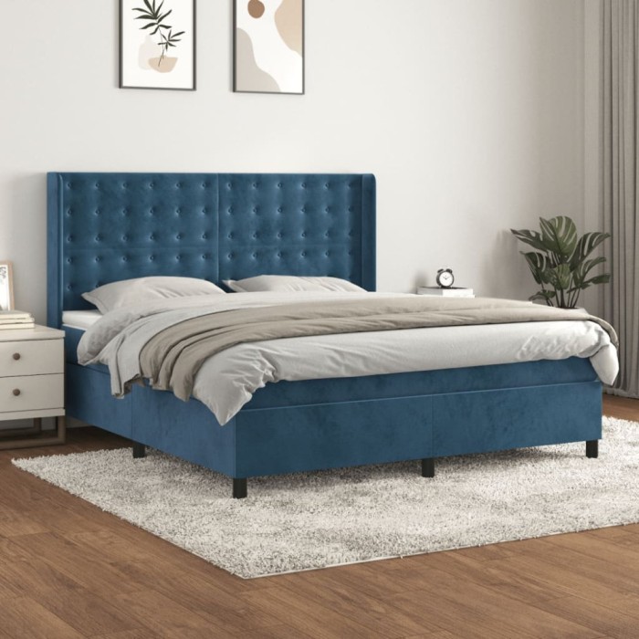 vidaXL Pat box spring cu saltea, albastru &icirc;nchis, 160x200 cm, catifea 3132931