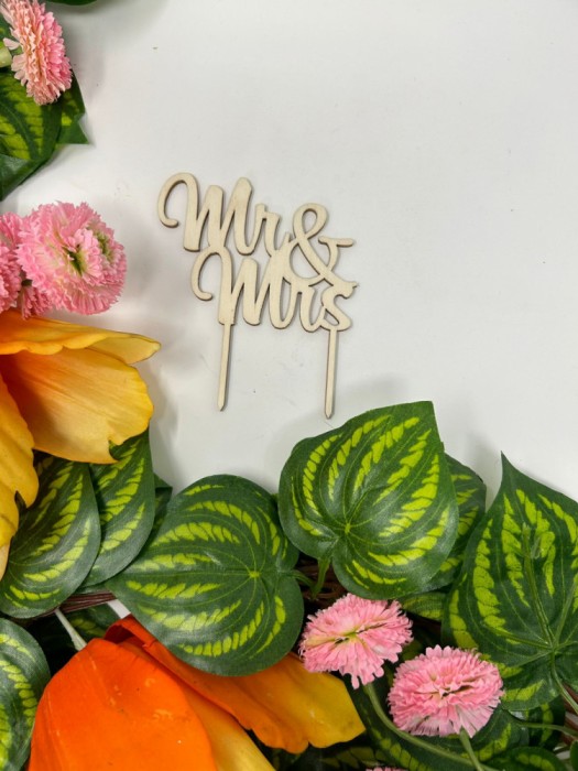 Topper pentru aranjamente florale si tort cu textul MrMrs